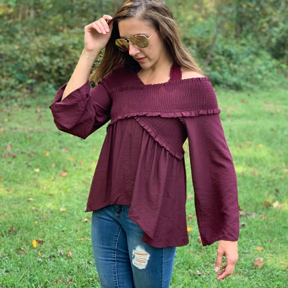VICI Ascension Off Shoulder Smocked Top - Burgundy - Picture 2 of 8